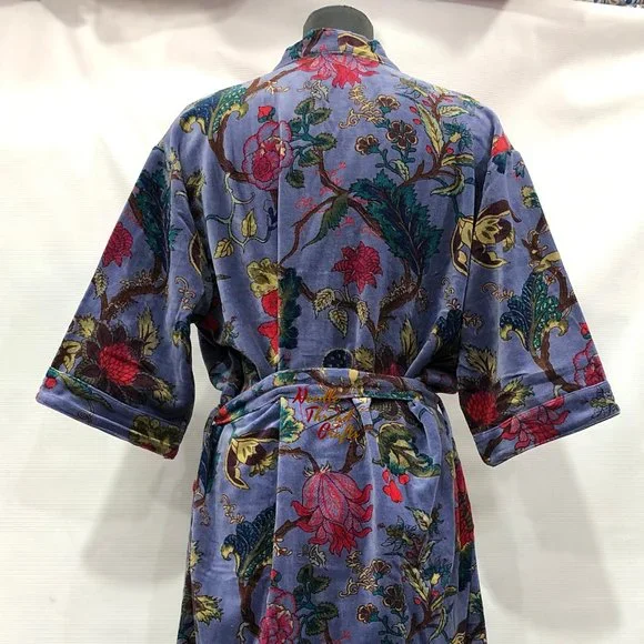 Floral Print Velvet Kimono Luxury Jacket, Party Boho Robe Lounge Wear - Unisex - Picture 12 of 16